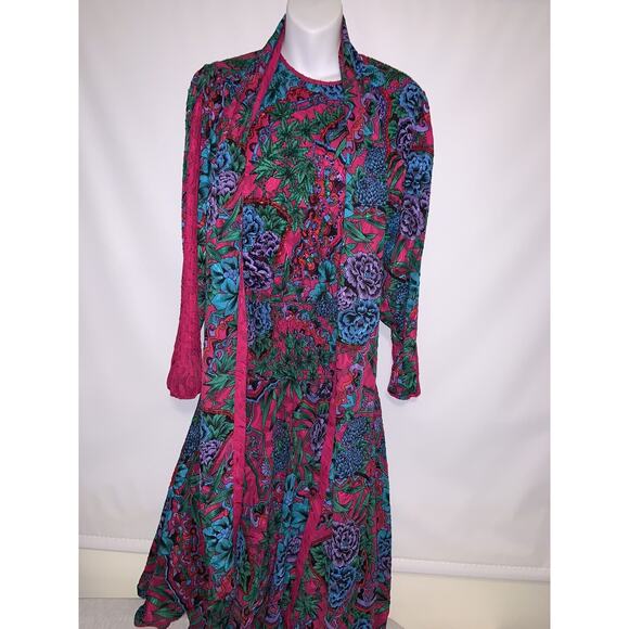 Diane Freis Vintage Maxi Dress W/ Sash Beaded Floral Print Size Medium /Large? - Picture 3 of 8